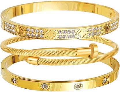 14/18K Gold Plated Bracelets Set for Women Clovers Bangle Love Bangle Cubic Zirconia Bracelet Stackable Bracelet Set