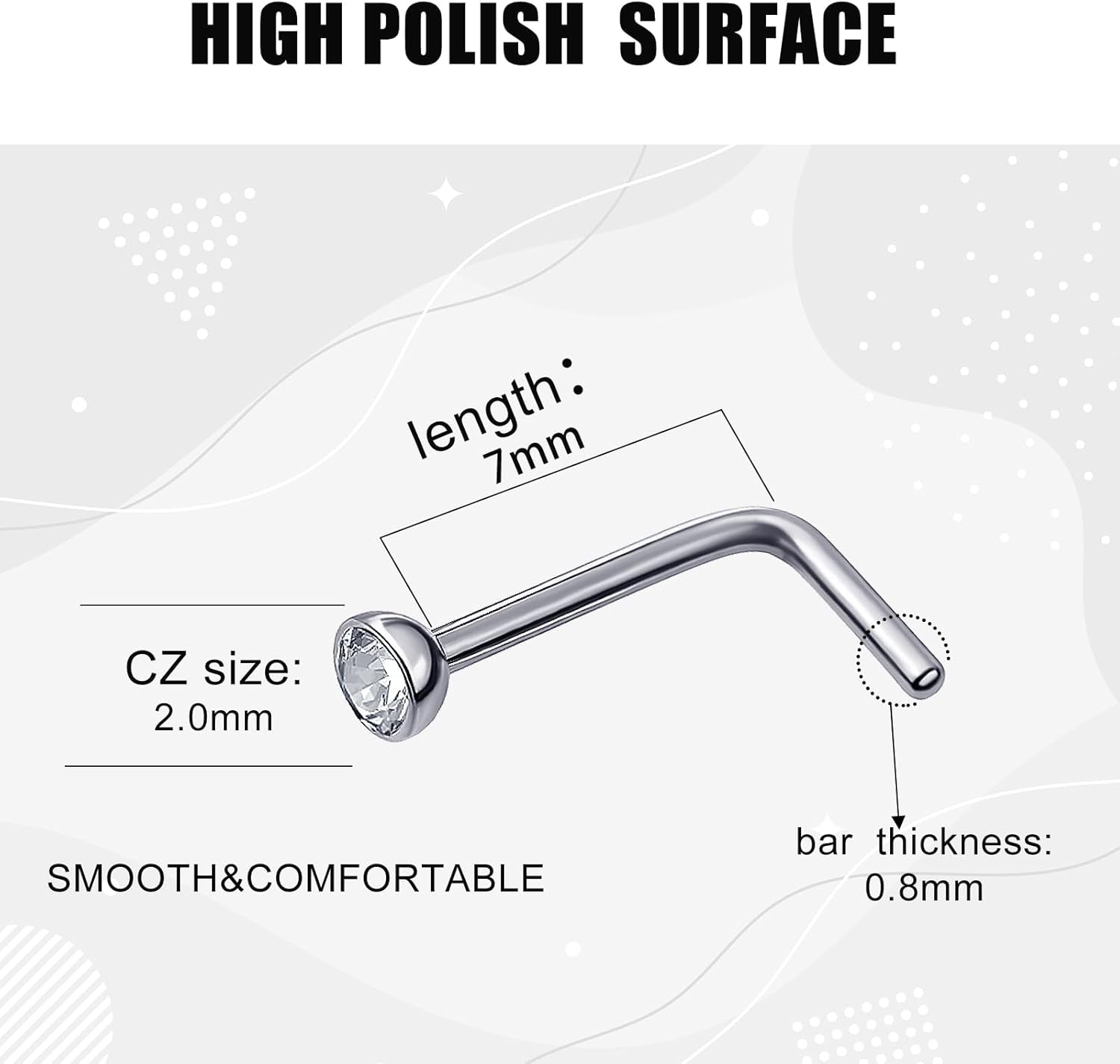 20 Pieces Curved Nose Stud Stainless Steel Nose Ring Crystals L Bend Nose Screw Piercing Jewelry, 20 Gauge