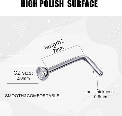 20 Pieces Curved Nose Stud Stainless Steel Nose Ring Crystals L Bend Nose Screw Piercing Jewelry, 20 Gauge