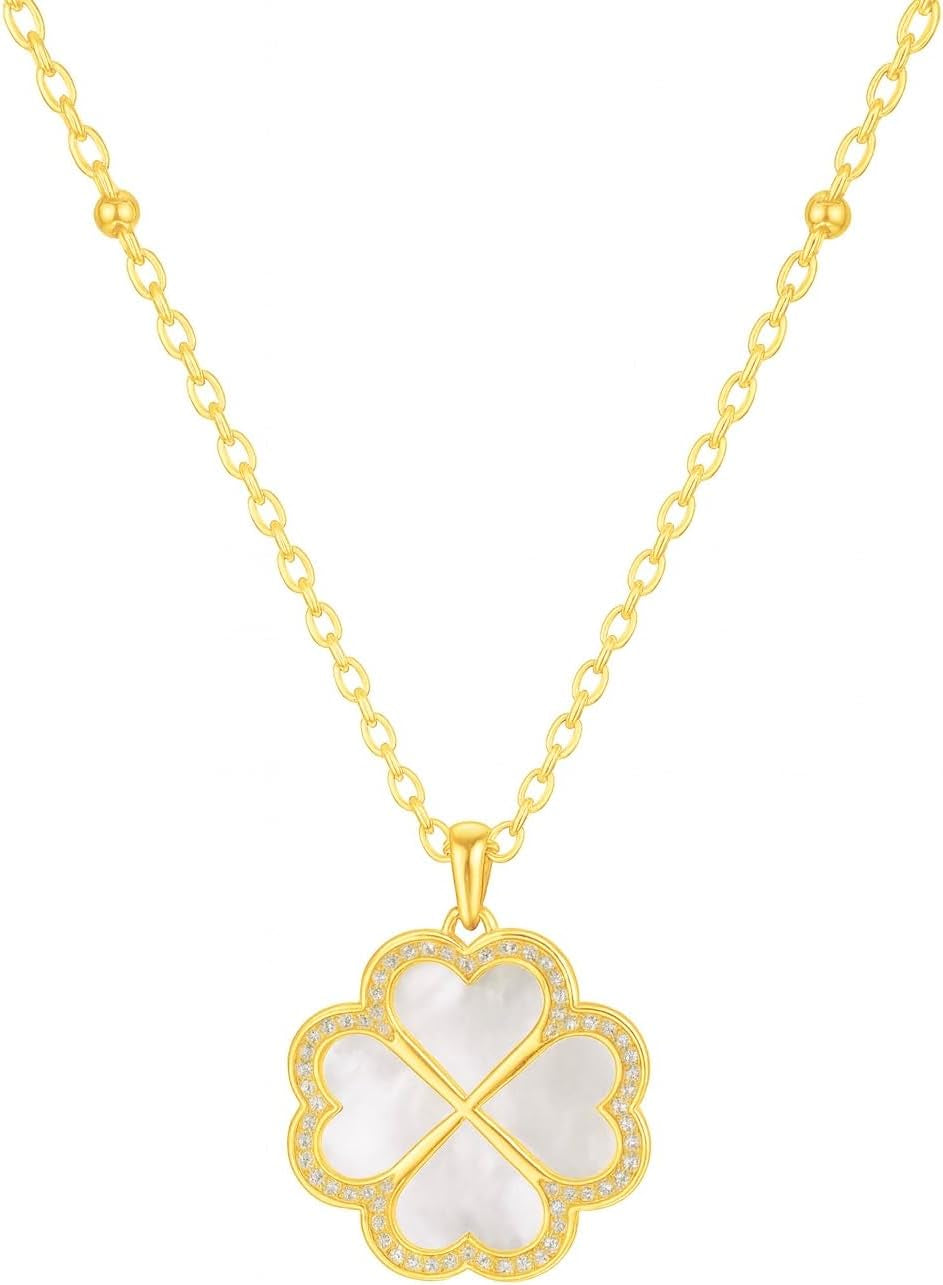 Genuine Mother of Pearl Gemstone Iridescent Gold Pendant Necklaces for Women, Fashion Jewelry, 18K Gold-Plated, Adjustable 16-20" Chain