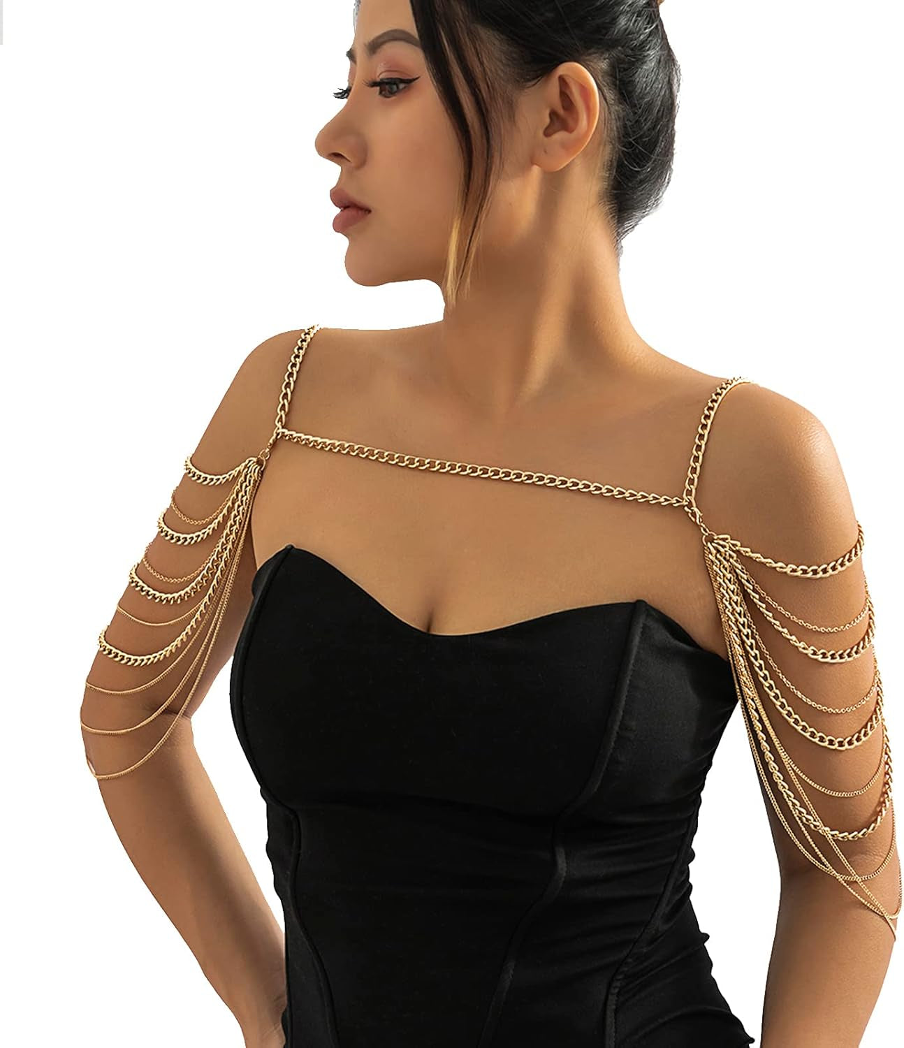 Summer Beach Punk Shoulder Body Chain Multi-Layered Back Chain Bikini Metal Tassel Arm Chain Statement Bridal Wedding Backdrop Necklace Body Chain Jewelry for Women