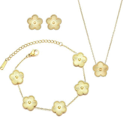 Lucky Clover Sets, 18K Gold Plated Five Leaf Necklace Pendant, Bracelet, Earrings for Women Flower Link Bracelets Set Jewelry Gifts for Women