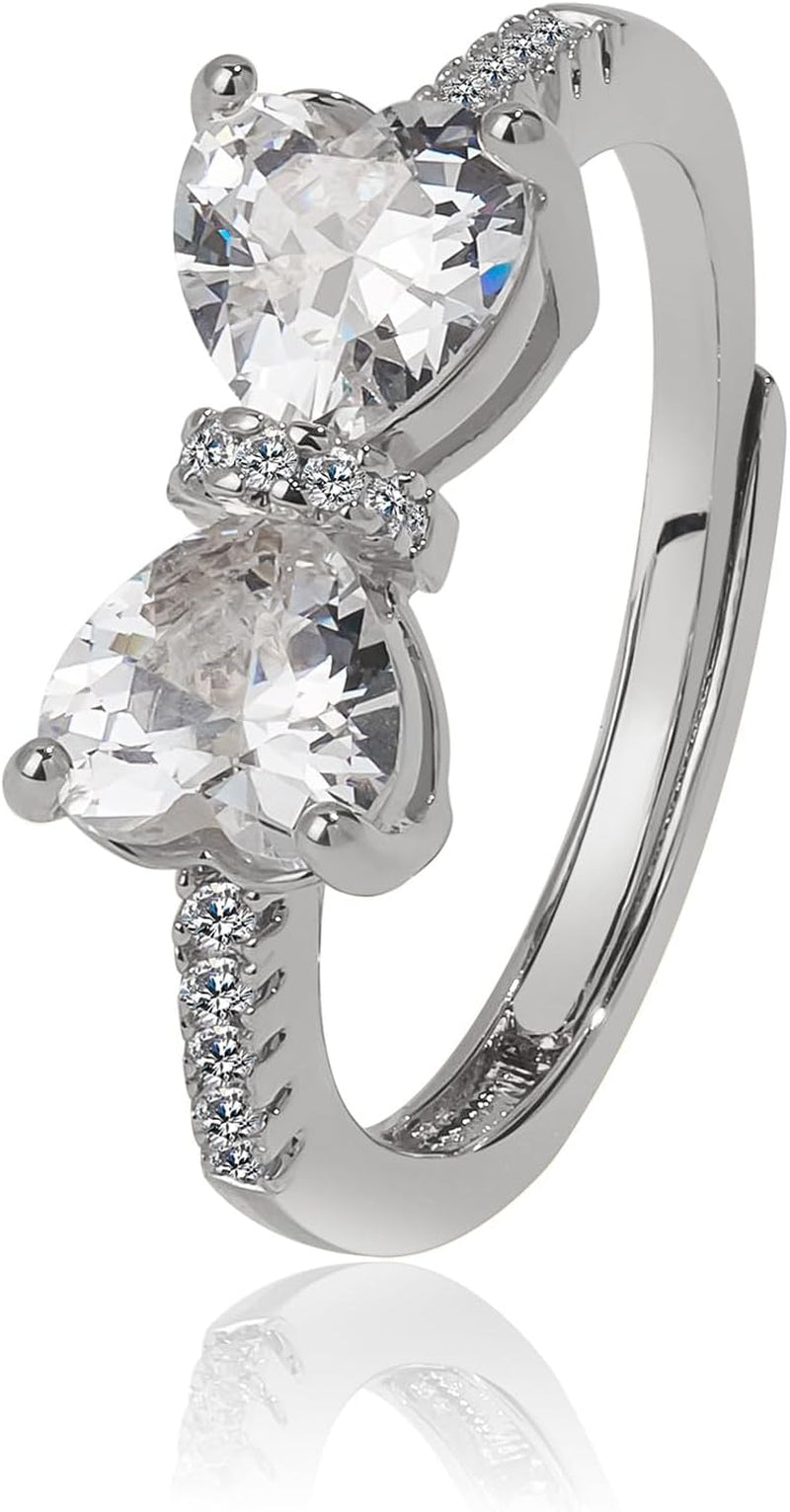 Adjustable engagement ring with double heart cubic zirconia stones
