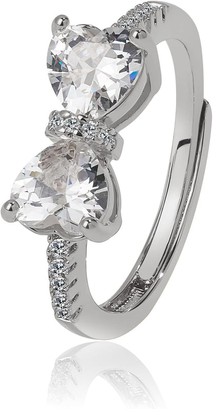 Adjustable engagement ring with double heart cubic zirconia stones