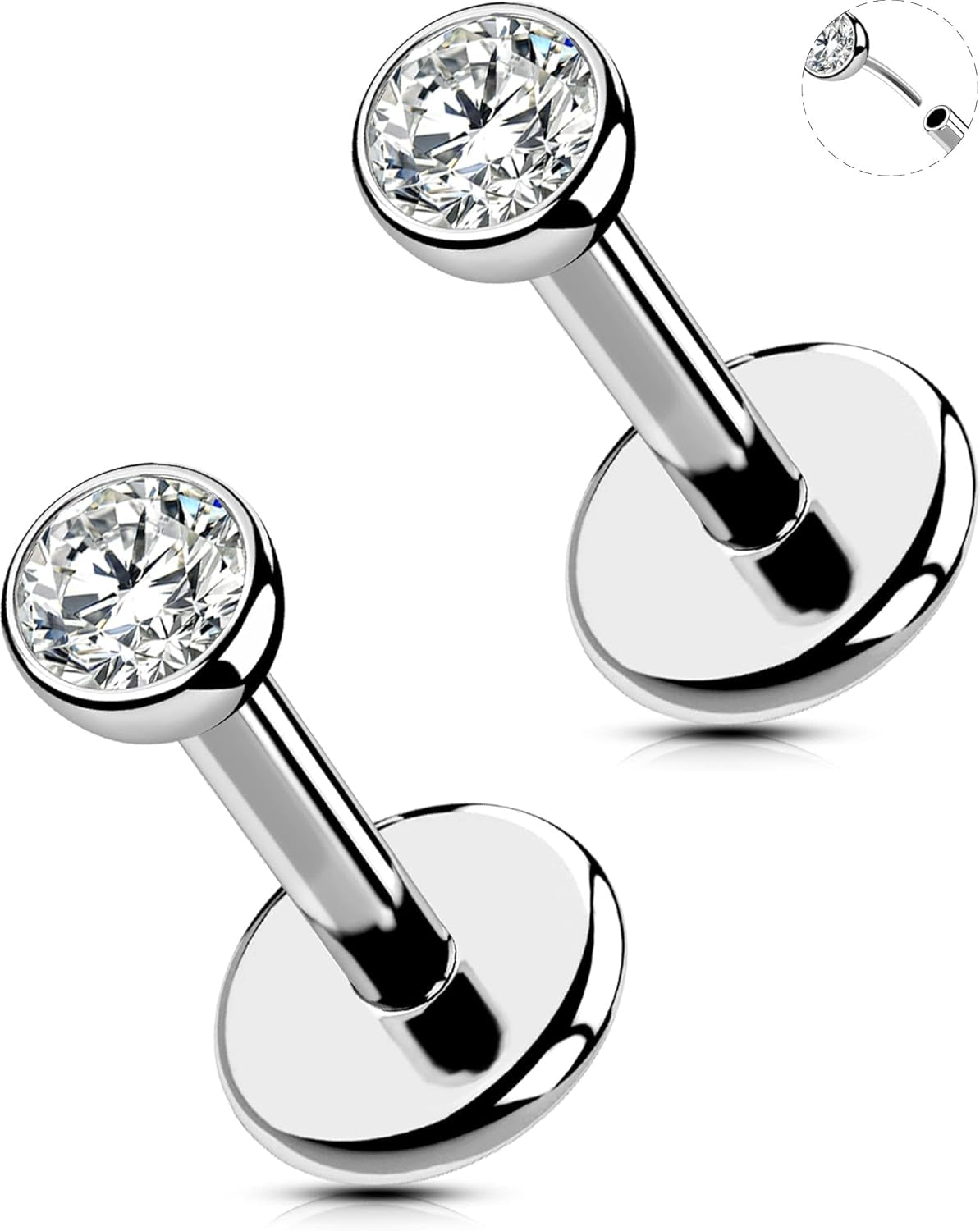 OUFER 2Pcs 20G/18G/16G G23 Titanium Threadless Nose Stud Earrings Flat Back Tiny CZ Small Nose Helix Cartilage Tragus Conch Labret Medusa Monroe Piercing Jewelry for Women Men