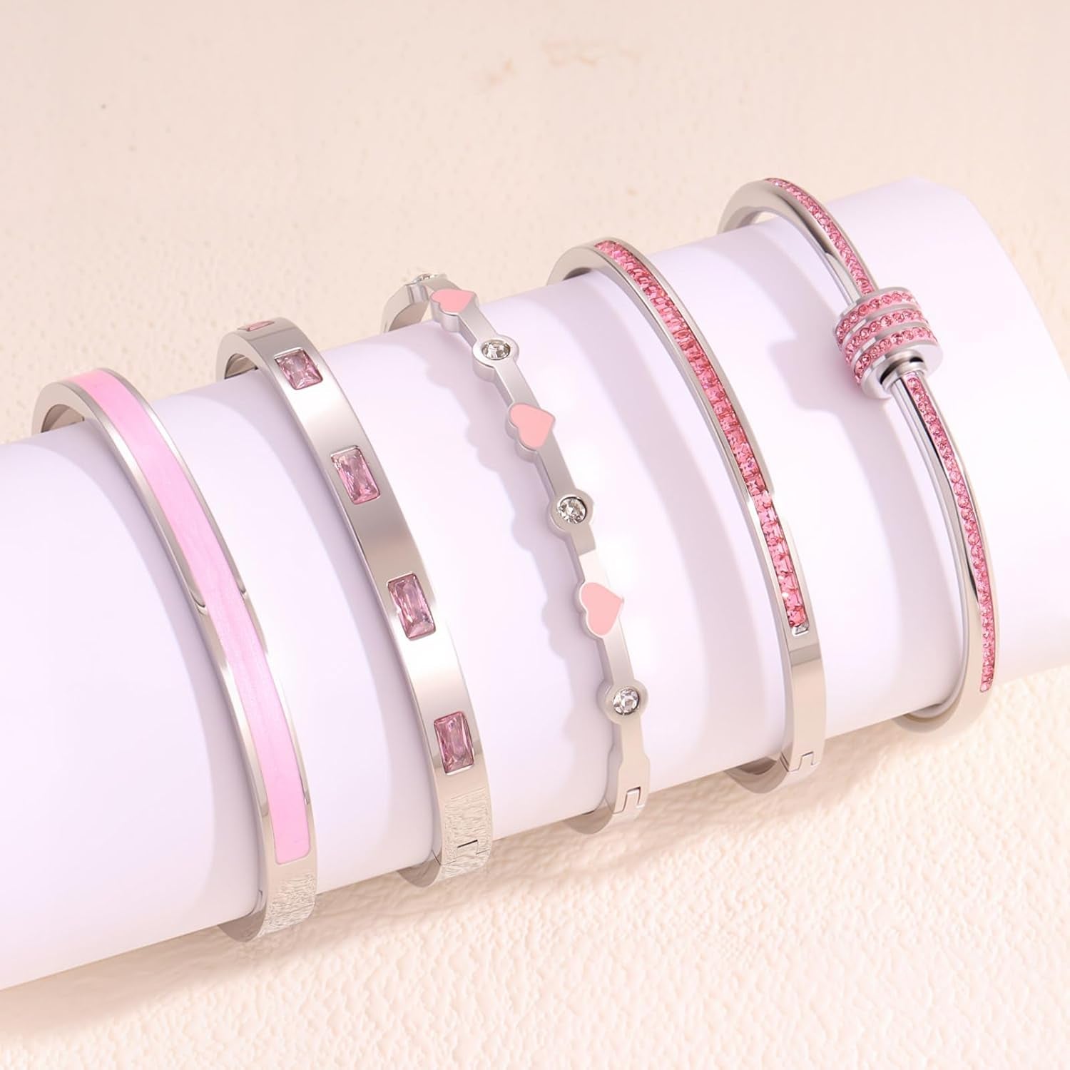 Pink Bangle Bracelets for Women, 18K Gold Plated Stackable Stainless Steel - Hypoallergenic Heart Bracelet for Friendship & Love, Perfect Jewelry Gift for Her