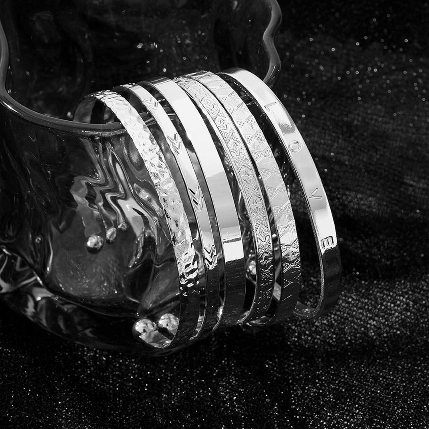 Indian punk style silver cuff bracelets stacked together