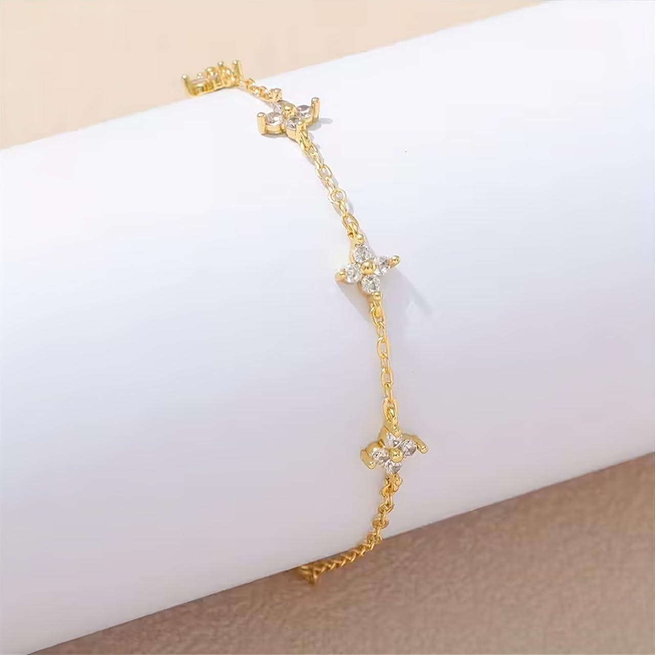 Dainty Clover Choker Bracelet Set for Women | 18K Gold Plated Cubic Zirconia Necklace and Link Bracelet | Four Leaf Lucky Jewelry for Her