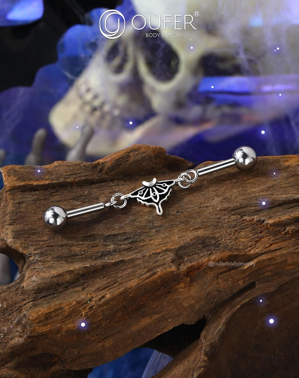 OUFER Moth Industrial Piercing Jewelry, Chain Industrial Bar, 316L Surgical Steel 14G Industrial Earrings for Women Men, Hallween Industrial Jewelry