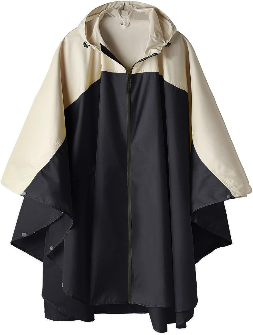 Adult wearing waterproof hooded rain poncho outdoors