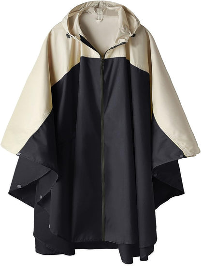 Adult wearing waterproof hooded rain poncho outdoors