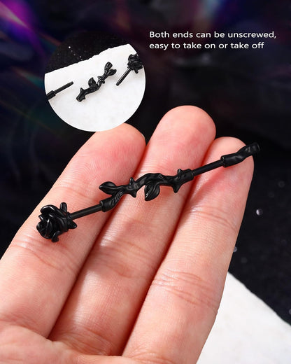 Jewseen Rose Industrial Ring Flower Industrial Barbell Surgical Steel Industrial Piercing Jewelry 14G 16G Cartilage Earring Long Straight Bar for Women Men