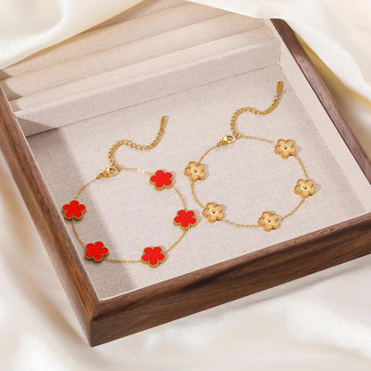 Five Leaf Clover Bracelet for Women-18K Gold Plated Lucky Link Grass Bracelets Stainless Steel White/Black/Blue/Gold/Crystal Flower Trendy Jewelry Gifts (Gold+Red)