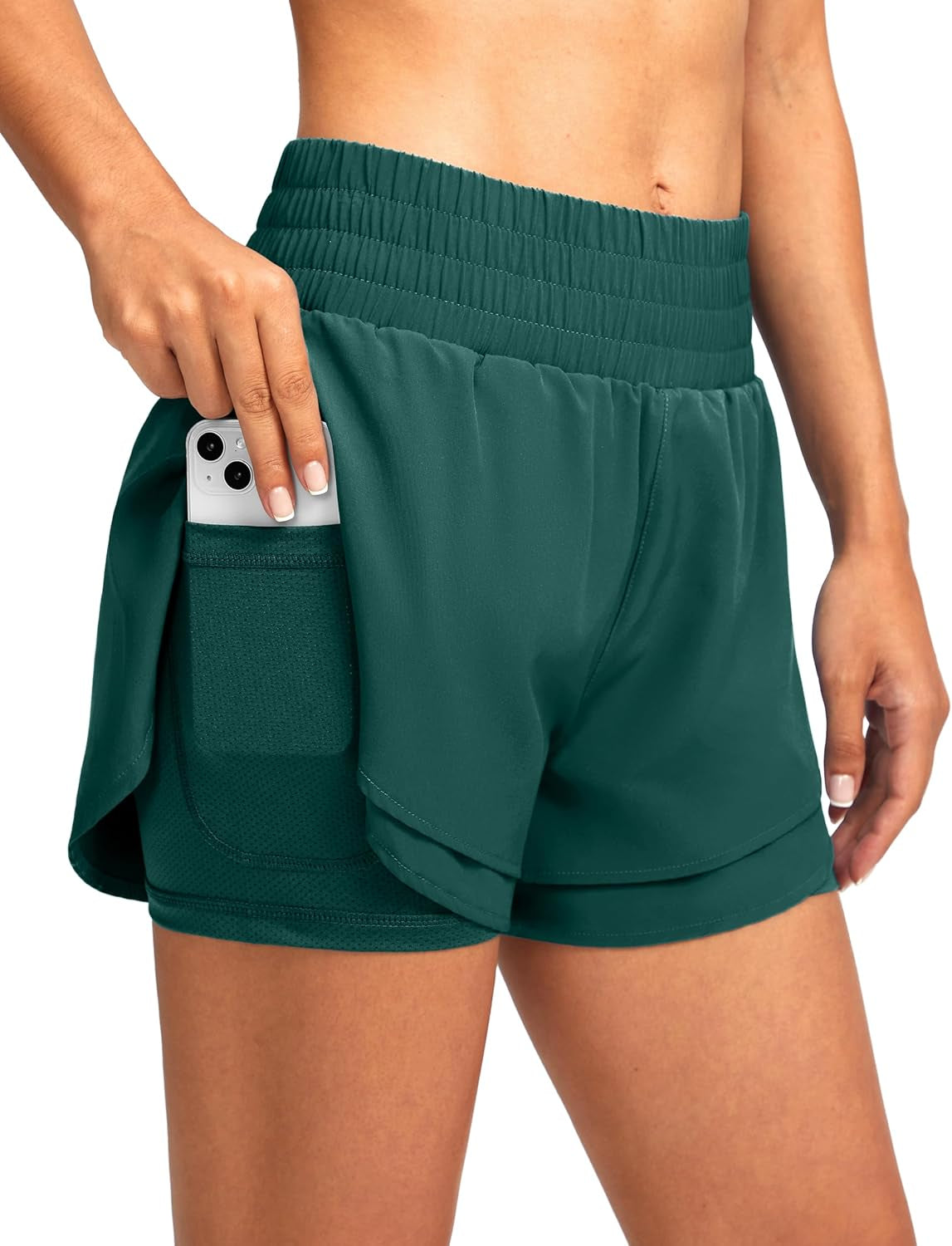 Soothfeel Women'S 2 in 1 Running Shorts High Waisted Athletic Shorts Exercise Gym Workout Shorts for Women with Pockets