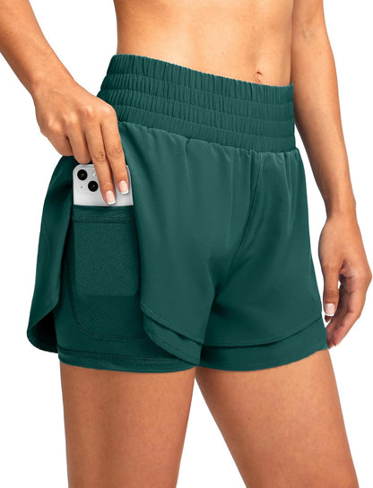 Soothfeel Women'S 2 in 1 Running Shorts High Waisted Athletic Shorts Exercise Gym Workout Shorts for Women with Pockets