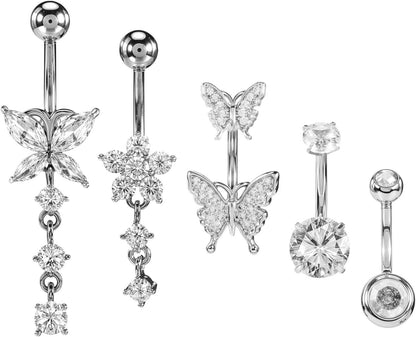 5Pcs Long Belly Button Rings,Stainless Steel Diamond Belly Rings for Women