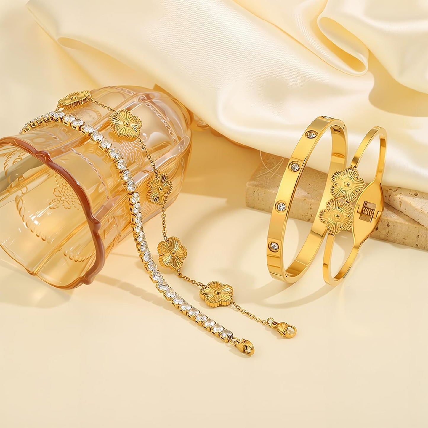 18K Gold Bracelets for Women - Clover Cuff & Cubic Zirconia Tennis Bangle Set - Non-Tarnish Stainless Steel Jewelry Gift for Valentine‘S, Christmas & Mother’S Day