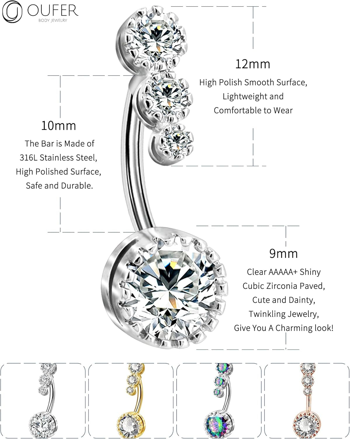 OUFER 316L Surgical Steel Belly Button Rings, Clear CZ Navel Rings, Belly Piercing Jewelry