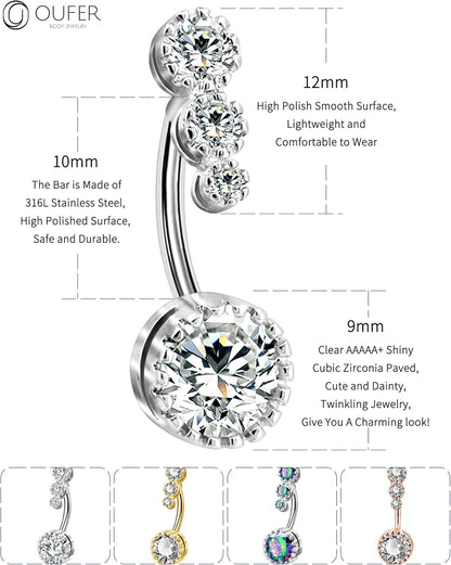 OUFER 316L Surgical Steel Belly Button Rings, Clear CZ Navel Rings, Belly Piercing Jewelry