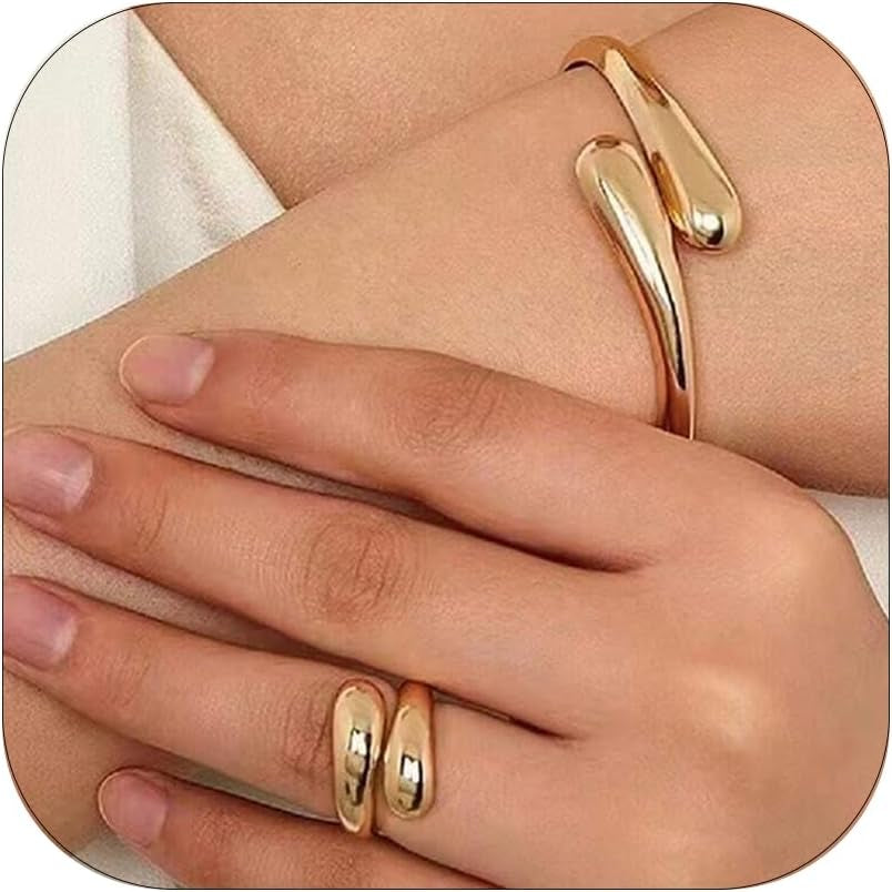 Gold Jewelry Sets for Women Bangle Ring Set Chunky Bangle Bracelet and Ring Statement Jewelry Set for Women