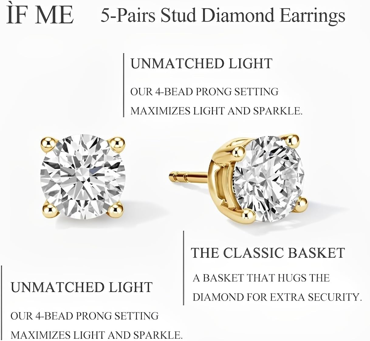 5 Pairs 14K Gold Plated Stud Earrings for Women, Hypoallergenic Earring Sets for Multiple Piercing, Premium Cubic Zirconia Studs Earrings for Women
