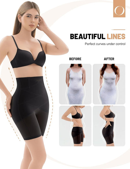 Black seamless shapewear shorts laid flat with high waistband detail