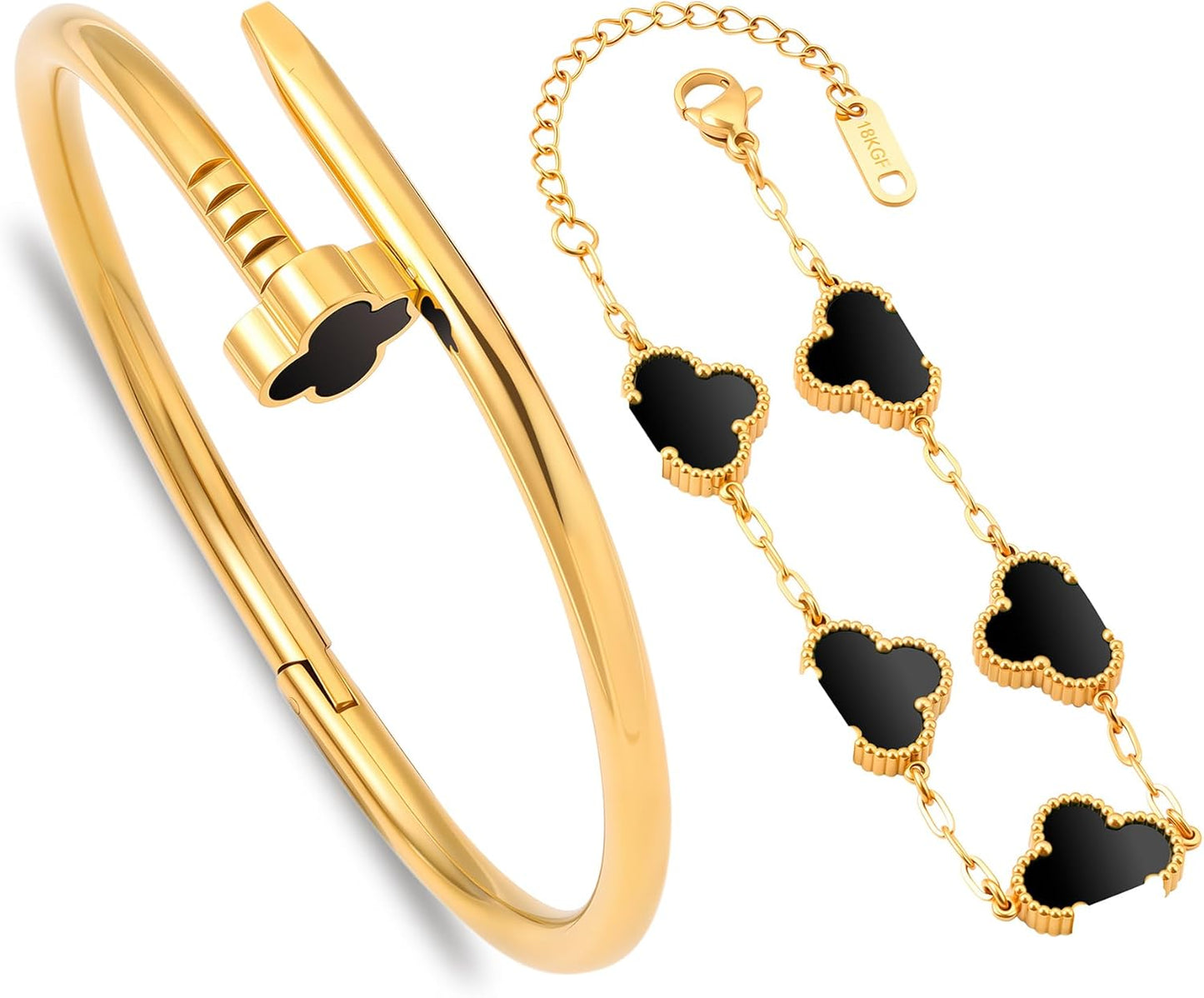 18K Gold Nail Bracelet for Women,Stackable Clover Bangle Bracelets -Stainless Steel Non-Tarnish Trendy Jewelry Christmas Valentines Birthday Gifts for Girlfriend Wife.