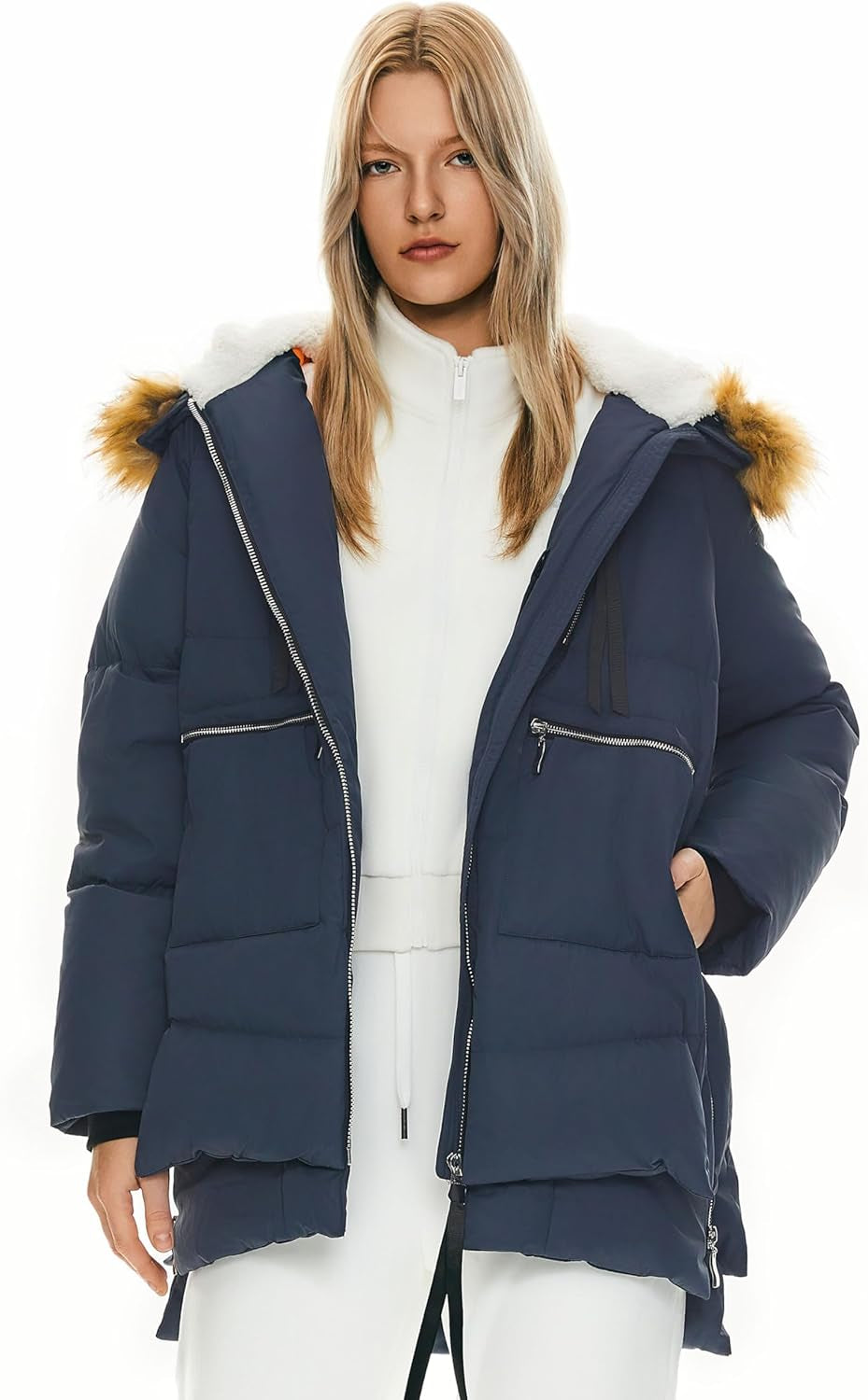 Women's down jacket worn during snowmobiling activity