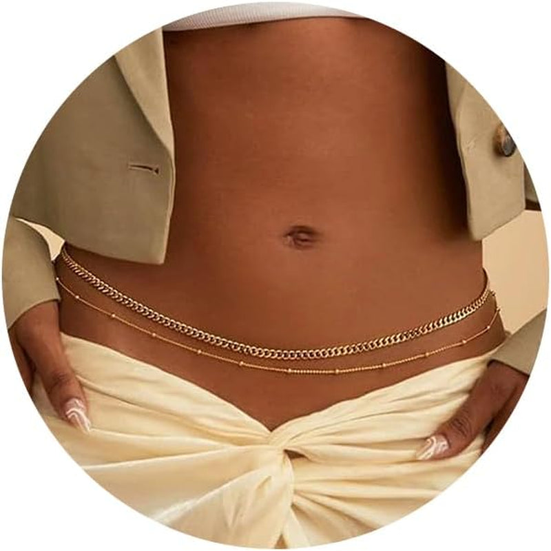 CAROVO Belly Waist Chain for Women 14K Gold Silver Plated Layered Body Chains Boho Cuban Figaro Pearl Heart Coin Satellite Bead Belly Chain Sexy Bikini Body Jewelry for Women Adjustable