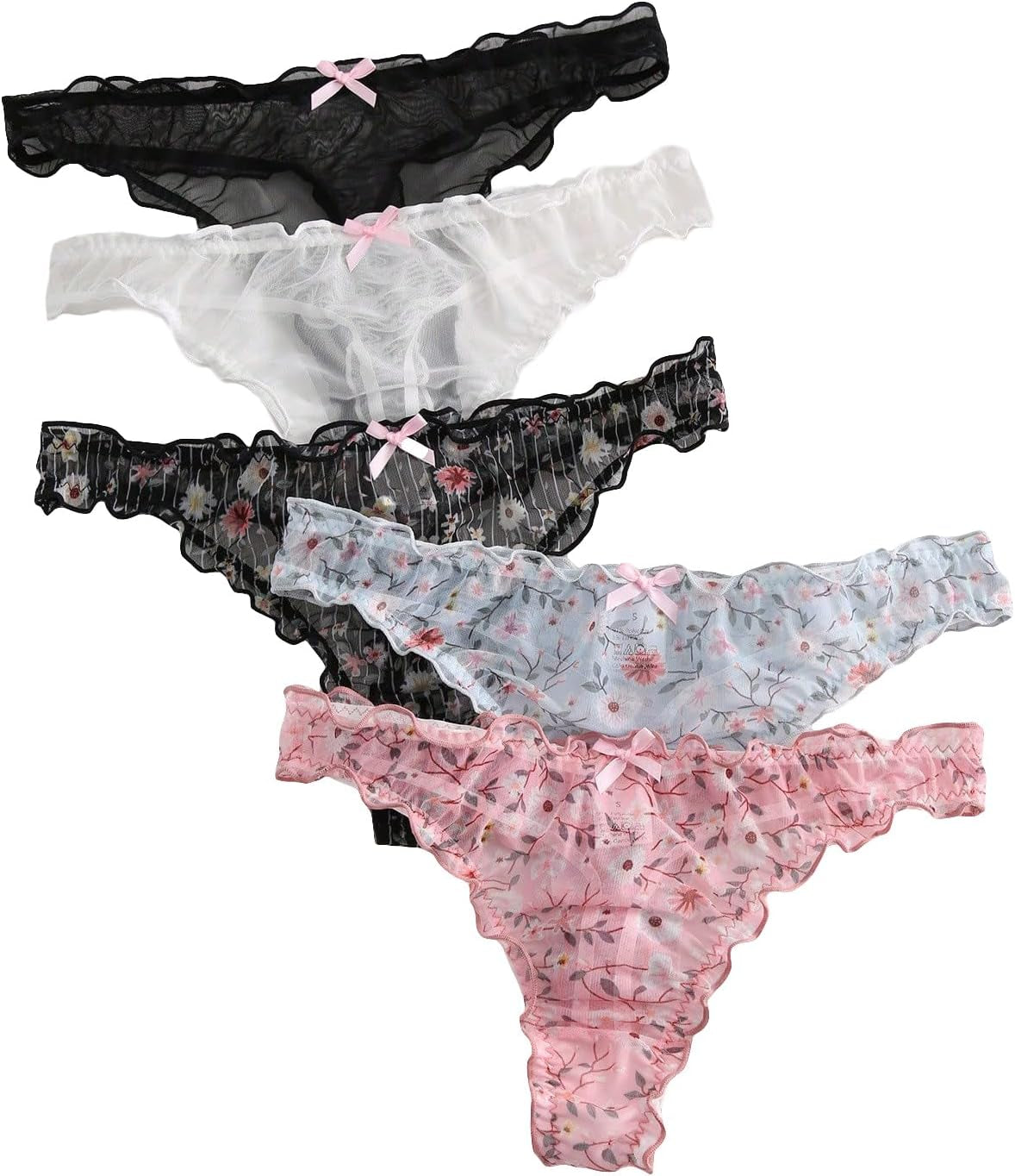 Floral lettuce trim thong panties cute bow detail low rise front view