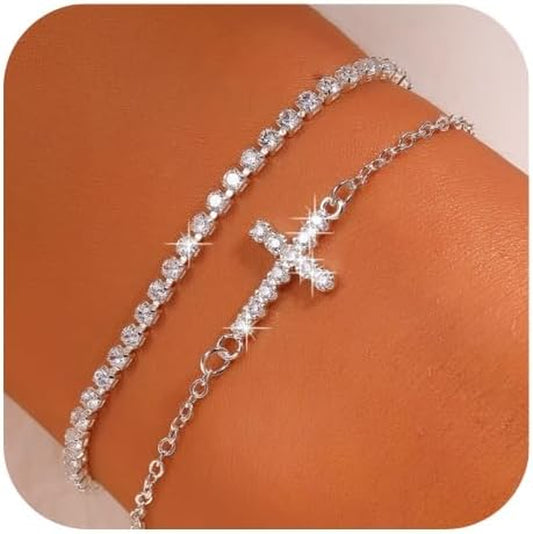 18K Gold Plated Cross Bracelet Bangle Set Silver Bracelets Flexible Wide Wristband Set Adjustable Gold Bangle Bracelet Stack for Women