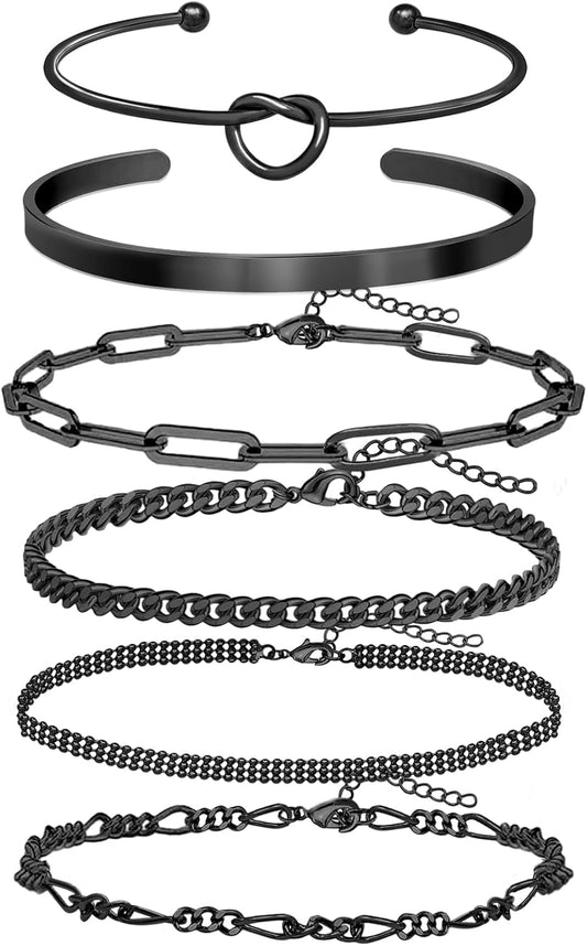 Golden Plated Cuff Bracelet Bangle Jewelry Set Stackable Trendy Dainty Love Heart Knot Infinity Beaded Ball Paperclip Chain Minimalist Bracelet,6 Styles