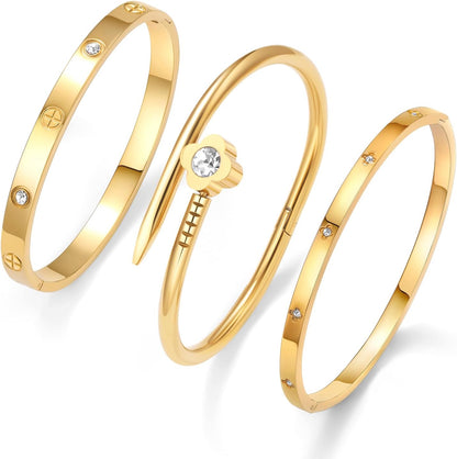 3Pcs Gold Bracelets for Women Stainless Steel Bangle Bracelet Set for Women Gold Love Bangle Non Tarnish Jewelry with Sparkling Crystal Inlay for Love Gifts