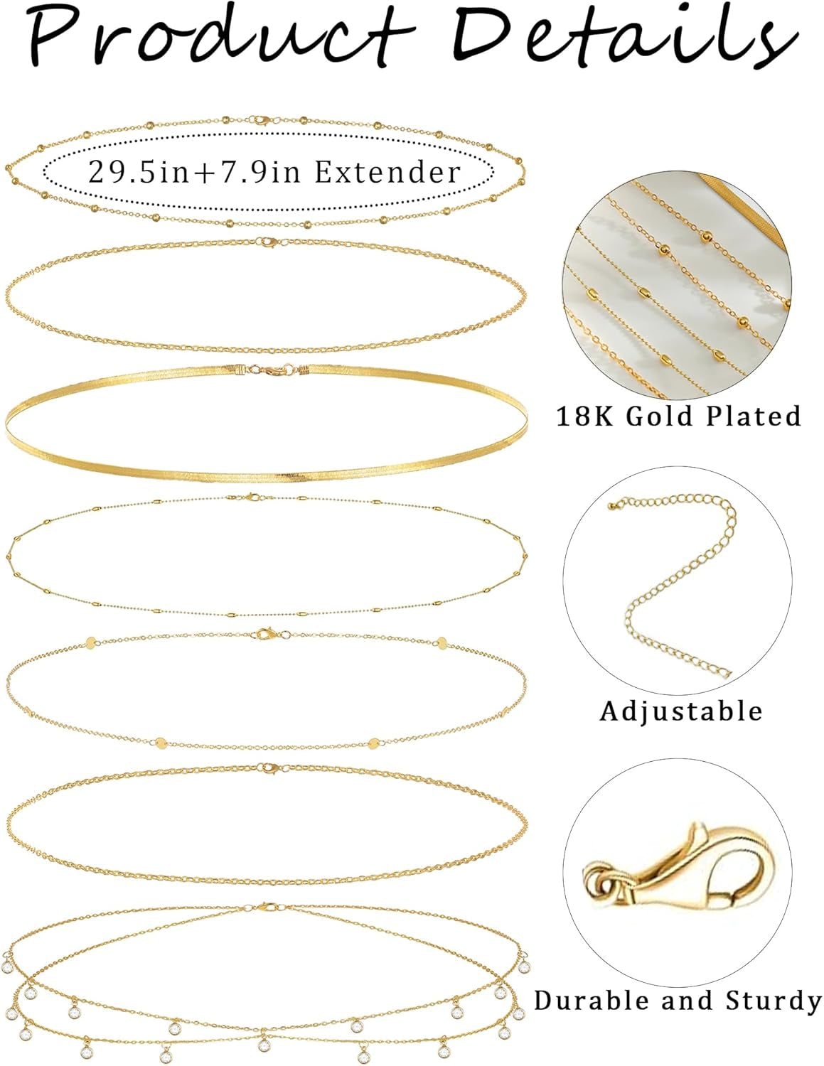8Pcs Waist Chain 18K Gold Plated Belly Belt Chains Sexy Bikini Summer Beach Satellite Beaded Sequin Snake Layered Coin CZ Body Chain Jewelry Accessories for Women Gold Silver Tone Adjustable
