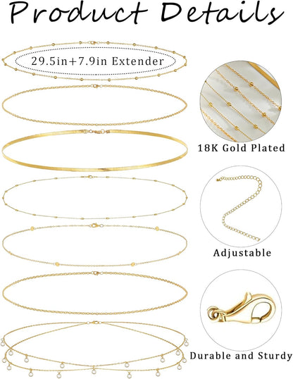 8Pcs Waist Chain 18K Gold Plated Belly Belt Chains Sexy Bikini Summer Beach Satellite Beaded Sequin Snake Layered Coin CZ Body Chain Jewelry Accessories for Women Gold Silver Tone Adjustable