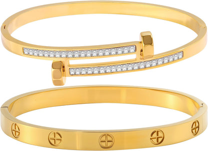 2PCS Gold Bracelets for Women Friendship & Love Theme Crystal Bangle Set Stainless Steel Non Tarnish Jewelry, Ideal Birthday Gift.