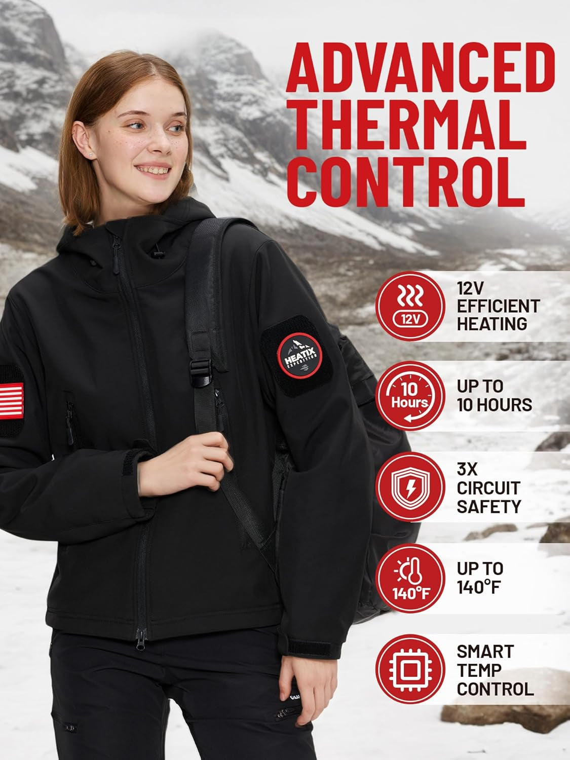Close-up of flexible heating elements in women's heated jacket
