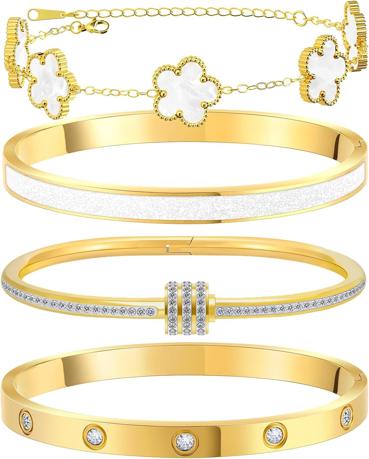 Gold Bracelets for Women, 18K Gold Plated Tennis Nail Clover Love Bangle Bracelets Set Non Tarnish, Stainless Steel Trendy Stackable Bracelet Fashion Jewelry Accessories Gifts for Christmas
