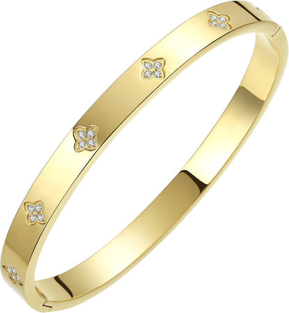 Gold Plated Bangle Bracelets for Women Four Leaf Clover Lucky Love Cubic Zirconia Bracelet