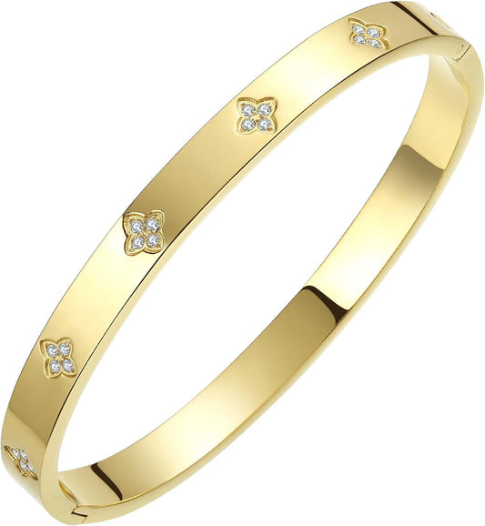 Gold Plated Bangle Bracelets for Women Four Leaf Clover Lucky Love Cubic Zirconia Bracelet