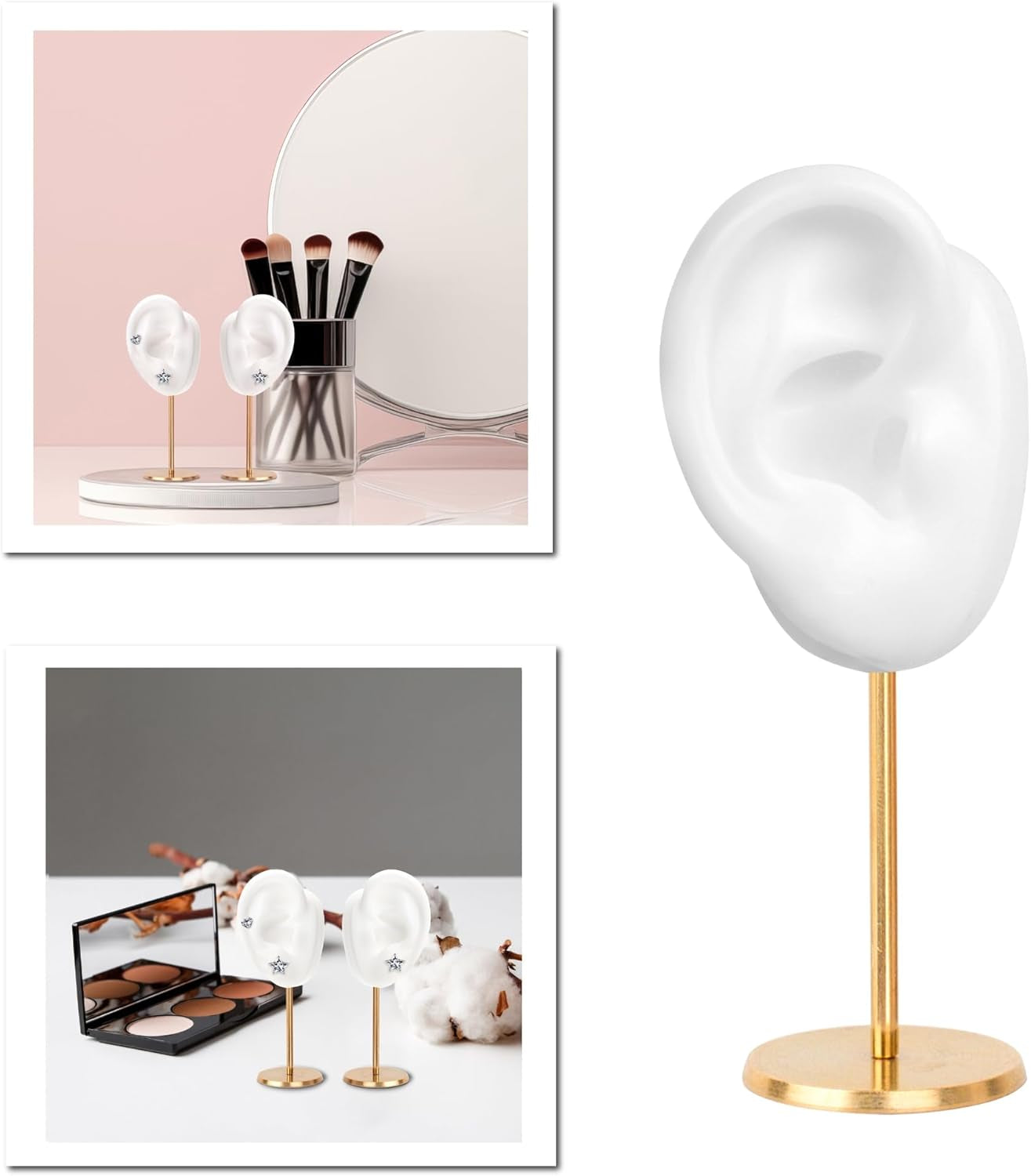 Ear Shaped Earring Display Stand, Piercing Stud Holder, Copper round Base Silicone Body Mannequin Model Organizer, Navel Jewelry Rack for Girl Women Shows Birthday Wedding Decor (Left&Right, White)