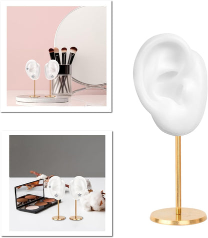 Ear Shaped Earring Display Stand, Piercing Stud Holder, Copper round Base Silicone Body Mannequin Model Organizer, Navel Jewelry Rack for Girl Women Shows Birthday Wedding Decor (Left&Right, White)