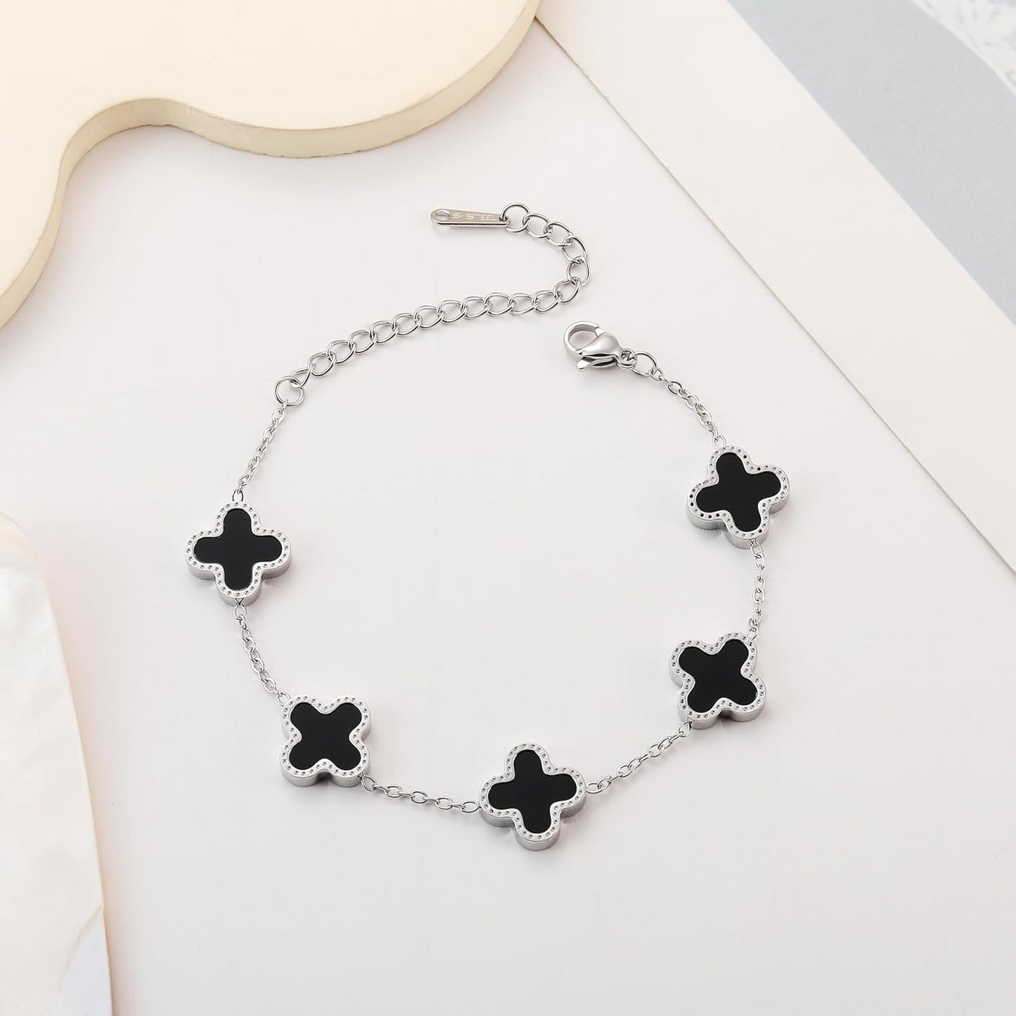 Silver Chain Bracelet Set Gold/White/Black Clover Bracelets for Women Four Leaf Lucky Bracelets Jewelry Gifts for Women 3Pcs