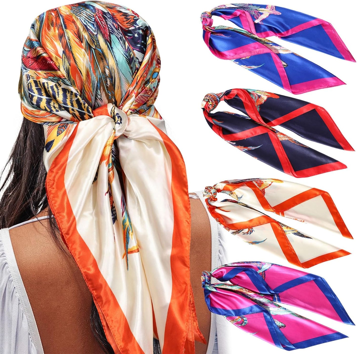 AWAYTR 35” Satin Large Square Head Scarves - 4PCS Silk like Neck Scarf Hair Sleeping Wraps Satin Silk Scarfs for Women