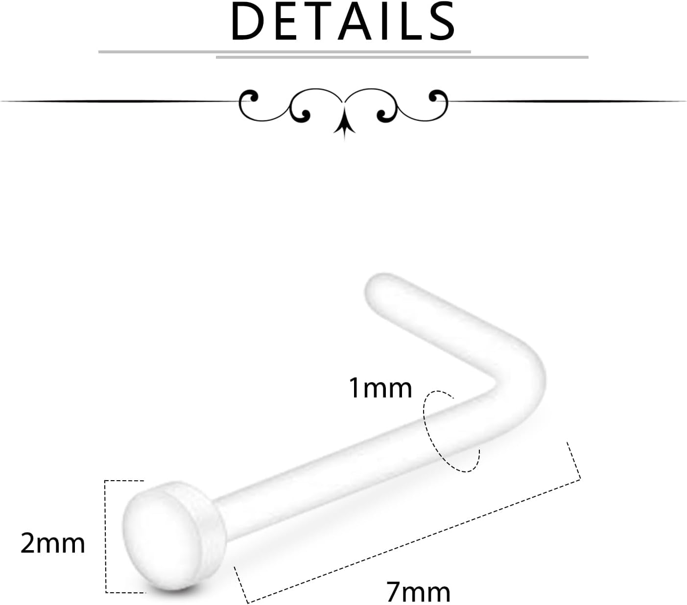 D.Bella 18G Clear Nose Ring Retainer Bioflex L Shape Nose Rings Studs Piercing Jewelry Flat Top