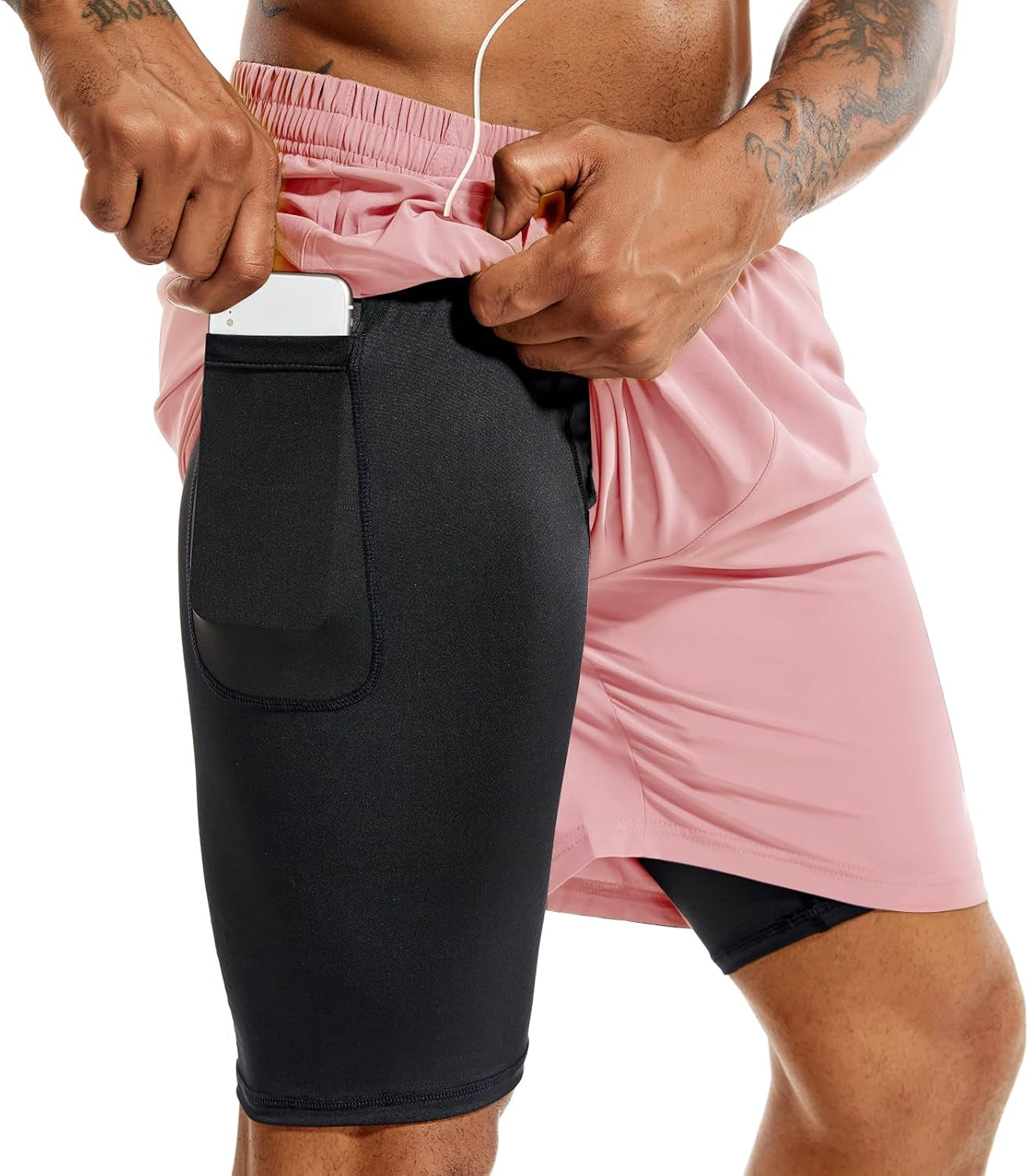 TENJOY Men'S 2 in 1 Running Shorts 5 in or 7 in Quick Dry Gym Athletic Workout Shorts for Men with Phone Pockets