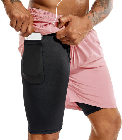 TENJOY Men'S 2 in 1 Running Shorts 5 in or 7 in Quick Dry Gym Athletic Workout Shorts for Men with Phone Pockets
