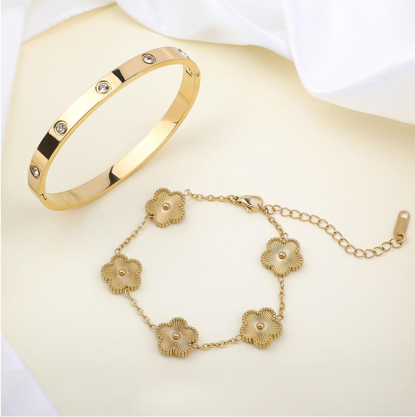18K Gold Plated Clover Bracelet, Lucky Clover Bracelet Bangle Set for Women