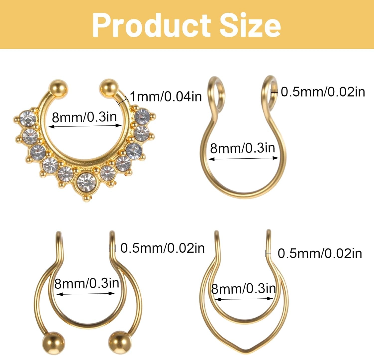 8 Pcs Fake Septum Ring, Fake Nose Ring Hoop, Stainless Steel Faux Septum Piercings, Clip on Lip Rings, Faux Nose Rings for Women Men Non Piercing Noses Jewelry