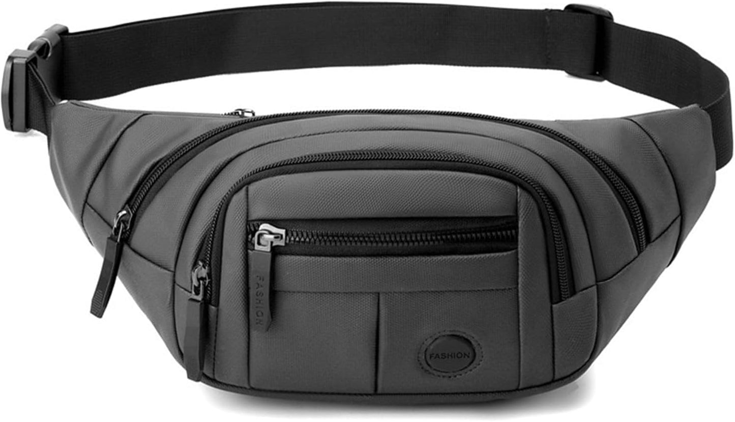 Flat lay of black fanny pack showing all compartments and features